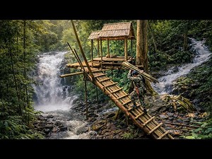 Primitive Survival in the Jungle | Building a Bamboo Shelter Near a Waterfall