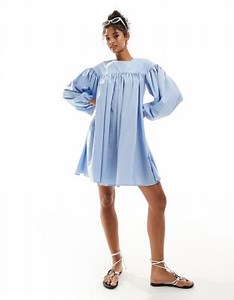 ASOS DESIGN extreme gathered smock mini dress with exaggerated sleeve and bow back in blue | ASOS