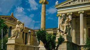 Marble statues of ancient Greek philosophers Socrates and Plato time lapse.