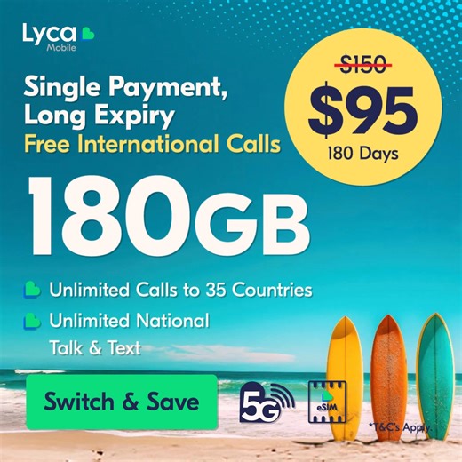 🌟 Switch & Save with Lyca Mobile's Long-term Plans! 🌟 📱 180GB over 180 days for just $95! 🌍 Unlimited calls to 35 countries 📈 Set It and Forget It - One Easy Payment, 180 Days Validity! 🚀 5G Enabled, eSIM Ready Don’t miss out! Grab this deal now! 🎉 T&Cs apply. | Lycamobile Australia
