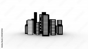 Cityscape 360 degree 3d animation in black and white comic style with different buildings, loop video