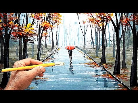 Como pintar paisagem de chuva com caminho de árvores / acrylic painting on canvas