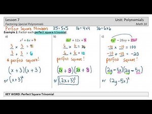 Math 10 - Polynomials Lesson 7 - Factoring Perfect Square Trinomials and Difference of Squares