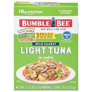 Bumble Bee Chunk Light Tuna in Water, 2.5 oz Pouches (Pack of 3) - Ready to Eat Wild Caught Skipjack Tuna Packet - 16g Protein per Serving - MSC Sustainable Seafood, Non-GMO, Gluten Free, Kosher