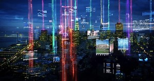 Augmented Reality Over San Francisco, United States. Connected Aerial City With Several Interfaces, Social Media Feeds and Information Columns. Futuristic Concept.