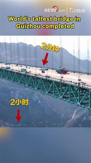 The Huajiang Canyon Bridge, the world’s tallest, is now complete and will reduce a 2-hour drive to just 2 minutes. #Trending For more: https://english.cctv.com/ | CCTV