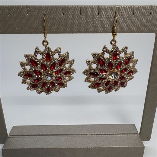 Red Cubic Zirconia Dangle Earrings, Red Flower Drop Earrings, Red and Gold Wedding Earrings - Etsy