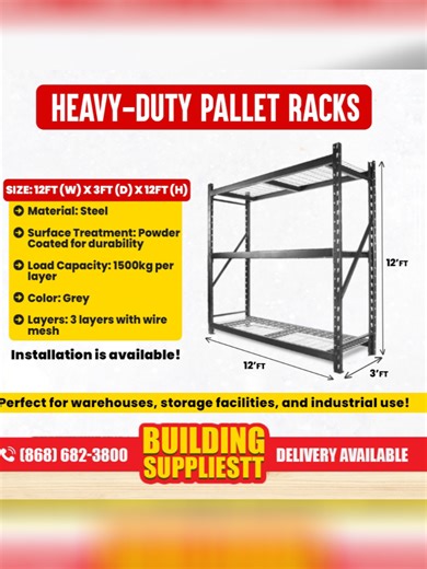 MAXIMIZE YOUR STORAGE MINIMIZE YOUR STRESS! Strong. Durable. Built to last! ✅ Holds up to 1500kg per layer ✅ Powder-coated steel – heavy-duty strength ✅ 12FT x 3FT x 12FT – perfect for bulk storage 🚚 Fast delivery & installation available! 📲 WhatsApp: 682-3800 #BuildingSuppliesTT #StorageSolutions #PalletRacks