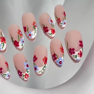 157 "blossom" Colorful Spring Flowers White Frenchtip Press on Nails | Custom Hand-painted Nails | Coffin Fake Nails | Almond Nails - Etsy