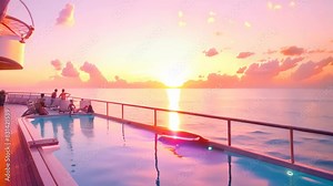 Large Swimming Pool on Cruise Ship Deck, A luxurious cruise ship with a family lounging by the pool and watching the sunset over the ocean