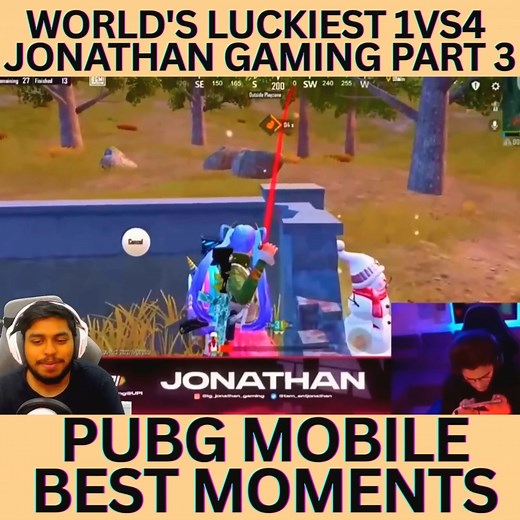 197K views · 5K reactions | WORLD's LUCKIEST 1vs4 JONATHAN GAMING PART 3 || PUBG MOBILE BEST MOMENTS #pubgmobile #bgmi #jonathangaming #pubgindia | Senior YT | Facebook