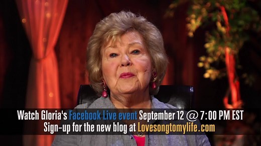 Join Gloria Gaither as she talks about her new blog Tuesday 9/12 @ 7:00PM EST on Facebook Live from the Friends of Gaither Music page. Sign up for Gloria's blog by going to www.LoveSongToMyLife.com You can RSVP to the event here: http://capcmg.me/GloriaGaitherFBLive and receive a notification when she goes live by clicking "Interested" then "Going" in the Facebook event. Make sure to join the 'Gloria Gaither Fans and Friends - Official' FB Group to take part in discussions about Gloria's blog, G