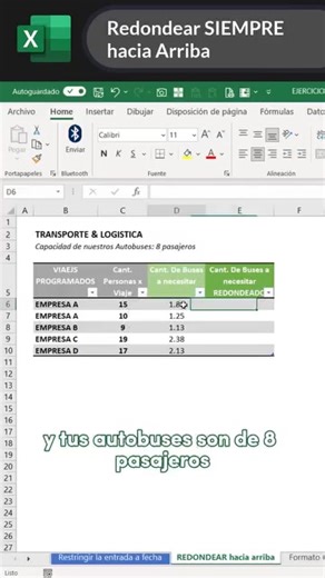 🧐 Descubre cómo redondear valores hacia arriba automáticamente en #Excel Si quieres cálculos precisos, debes dominar este tip 🚀 te va a ayudar mucho sea que necesites calcular capacidad de autobuses, lugares de fiestas, presupuestos exactos o lo que precises en el momento 🟢 ¡Domina Excel con trucos como este! Sigue a @smartproacademy para más Tips rápidos y de valor como este 📲 #microsoftexcel #microsoftambassador #exceltips #productividad | SMARTpro Academy