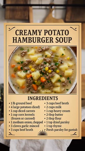 🍲 Creamy Potato Hamburger Soup 🥔✨Hearty, rich & packed with comfort in every bite!🥄 What You’ll Need:• 1 lb ground beef• 4 large potatoes, diced• 1 cup carrots, 1 cup corn• 1 onion, 3 garlic cloves• 3 cups beef broth• 2 cups milk, 1 cup heavy cream• 2 tbsp butter, 2 tbsp flour• 1 tsp parsley, 1 tsp thyme• Salt & pepper to taste👩‍🍳 Steps:1️⃣ Brown beef, set aside2️⃣ Sauté onion, garlic, carrots, corn3️⃣ Add potatoes, broth & spices – simmer 20 mins4️⃣ Make creamy roux with flour, milk & crea