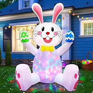 TURNMEON 4FT Rotating Colorful LED Easter Inflatable Bunny Blow up Yard Decorations with Built-in Fan, Waterproof Outdoor Indoor Easter Decor for Garden, Lawn Party, Includes Ground Stakes & Sandbags