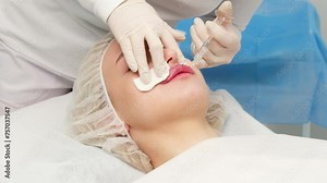 Injection procedure for lip augmentation, close-up. The cosmetologist slowly and carefully injects filler into the client’s lips. Advertising concept for facial care, youth and beauty.