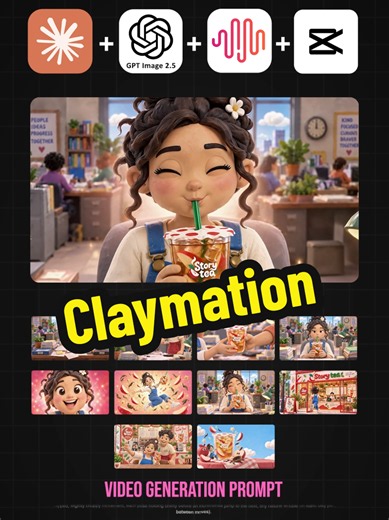 Claymation | StoryTea A full claymation commercial workflow using Claude, Midjourney, GPT Image 2.5, Suno, and CapCut. First, Claude authored multi-shot video generation prompts detailing a handcrafted clay aesthetics style, complete with tactile thumb-prints, visible clay grooves, and stepped stop-motion movements. Prompt: Claude Image: GPT Image 2.5 Video: MiniMax H3 Music: Suno Edit / Motion: CapCut #claude #MiniMax #gptimage25 #suno #capcut