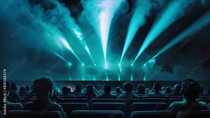 View from the back of the audience watching an action movie on a big screen in a cinema hall. Concept Cinema Experience, Movie Screening, Audience Reactions, Big Screen Entertainment