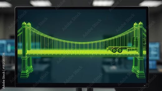 Digital 3D Wireframe Model of Suspension Bridge with Truck on Screen.