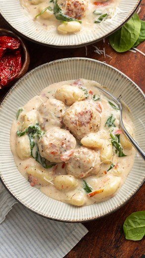 Diana | Little Sunny Kitchen on Instagram: "Homemade meatballs + creamy sauce + pillowy gnocchi = comfort food heaven! 😍 This Slow Cooker Tuscan Chicken Meatballs recipe is as easy as it is delicious. Perfect for busy nights when you need something warm and cozy! Save this recipe for later and tag someone who needs to try it! 👇 https://littlesunnykitchen.com/slow-cooker-tuscan-chicken-meatballs-with-gnocchi/ #Slowcookerrecipes #Comfortfood #easydinnerideas #chickenmeatballs"