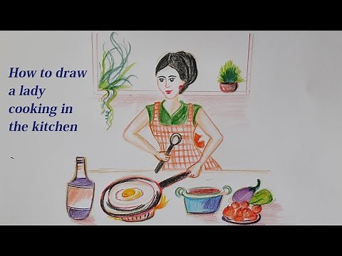 How to draw a lady cooking in the kitchen room | Cooking drawing Step by step pencil drawing easy
