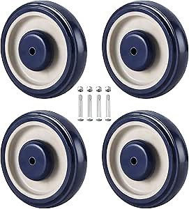 4 Pack Shopping Cart Replacement Wheels Kit 5-inch Diameter Wheels with Axles Bolt, Polyurethane Stepped and Full Tread Face w/Double Ball Bearing Shopping Cart Wheel (Blue)