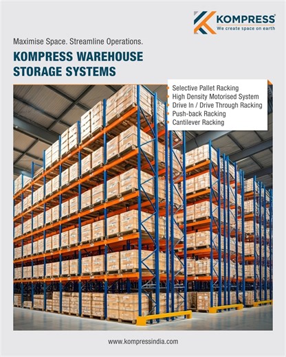 Kompress India Pvt Ltd on Instagram: "Efficiency isn’t just about having more space; it’s about how you use the space you have. From Selective Pallet Racking to High-Density Motorised Systems, Kompress provides tailored solutions to streamline your operations and maximize every square inch. Maximize Space. Streamline Operations. Explore our range at www.kompressindia.com. #KompressIndia #WeCreateSpaceOnEarth #StorageSolutions #SpaceSaving #Efficiency #SmartStorage #StorageUpgrade #Organization #