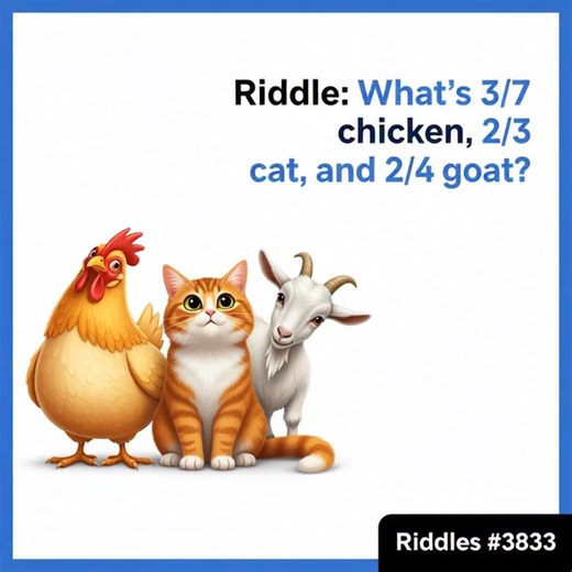 Riddles on Instagram: "Riddle: What's 3/7 chicken, 2/3 cat, and 2/4 goat? 👍 Like this post 💡 Comment your answer below 👉 Share with a friend who loves riddles! 🔖 Subscribe to Riddles. #riddles #animalriddles"