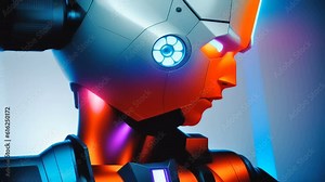 Generative Ai animation of synthwave futuristic anime face robot. Digital image painted with a retrofuturistic glow neon city in cartoon style.