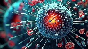 Dynamic animation showcasing the structure of a virus with intricate details and vibrant colors in a scientific representation