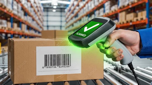 Hand holding barcode scanner scans package barcode in warehouse, green light indicates successful scan, shelves of boxes visible in the background