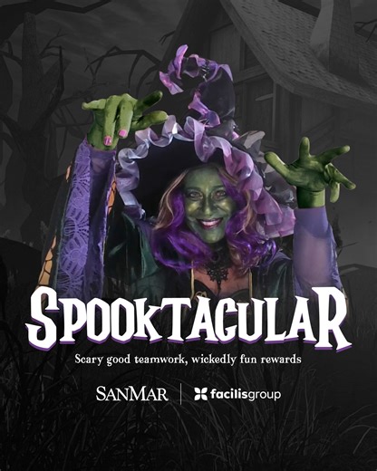 🔮 Our crystal ball has a spellbinding message waiting for you 🧙‍♀️ SanMar's Strategic Account Manager, Parvaneh Frilot (greener than you've ever seen!), channeled her inner Elphaba to intro our bewitching new contest, the SanMar Spooktacular! Facilisgroup Distributor Partners are currently competing for a one-of-a-kind experience custom-brewed by SanMar for the winning teams! Who will be flying off on their broomstick to victory? Stay tuned, you spooky, scary skeletons! | Facilisgroup