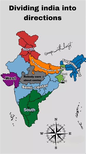 harjeet Ghumaan on Instagram: "Dividing india state into directions politically 🧭 #northindia #southindia #EastIndia #westindia #AndhraPradesh #ArunachalPradesh Assam #Bihar #Chhattisgarh Goa #Gujarat #Haryana #HimachalPradesh #Jharkhand #Karnataka #Kerala #MadhyaPradesh #Maharashtra Manipur Meghalaya Mizoram #Nagaland #Odisha #Punjab #Rajasthan #Sikkim #TamilNadu #Telangana #Tripura #UttarPradesh #Uttarakhand #WestBengal #india"