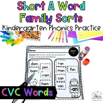 Short A Word Family Sorts CVC Worksheets for Kindergarten Phonics & Intervention