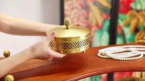 Gold Brass Decorative Boxes With Strawberry shape Handles, Jewelry Boxes Modern Storage Boxes，Round Hammered Metal Container, Brass Finish