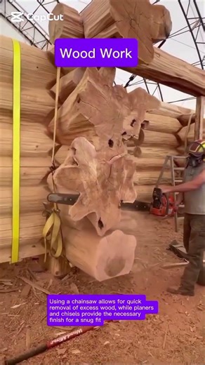 : A chainsaw is used to remove the bulk of the wood within the marked lines.