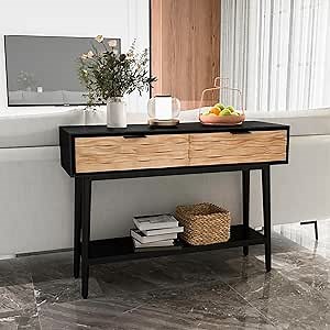 MOTION Console Tables for Entryway - 41 Inch Entryway Table with Storage Drawers, Wood Sofa Tables Entry Table, Behind Couch Table for Living Room, Hallway, Foyer, Black and Natural