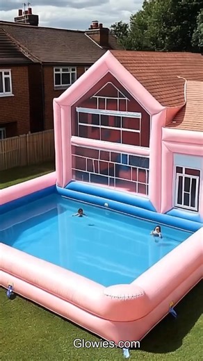 This pink inflatable pool is great for summer days! You can splash, play, and stay cool in the water. Next to the pool is a fun inflatable house where you can bounce and have a good time. Both the pool and house are bright pink and look so fun in the backyard. They are easy to set up and perfect for playing with friends. It’s a happy way to enjoy the sunshine! | Monique Lula