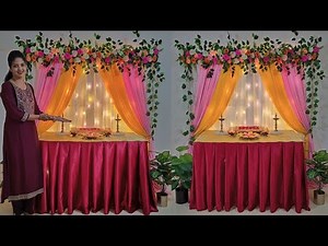 Ganpati backdrop decoration ideas / Table skirting/ janmastami/ varmahalakshmi/navratri decoration