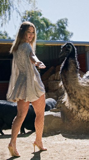CHANGE THE HISTORY: Actor and animal lover Madelyn Cline (@MadelynCline) wears our lead-free crystal cape dress, with Earl the emu. Our Summer 2023 campaign was shot at The Gentle Barn (@TheGentleBarn), where Earl and over 170 rescued animals can live out their lives happily. Every year, over 9 billion land animals are born, raised and slaughtered for animal agriculture. While much of this is for food, part of it is also to feed the fashion industry’s hunger for leather. There is a better way. S