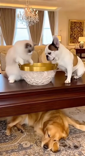 Cat & Frenchie Team Up… To Ice-Bath Wake the Dog😂❄️🐱🐶#cat #dog #funny #shorts #team #ice #wakeup