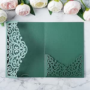 ponatia 20PCS Emerald Green Laser Cut Wedding Invitations Pockets, Tri-fold 5x7 Laser Cut Invitation Pockets for Wedding Bridal Shower Quinceanera 15 Anos Invite (No Envelopes & Inner Sheets)