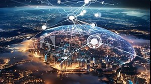 Communication technology, global internet network over Earth. Telecommunication and data transfer, connection links, AI video generation
