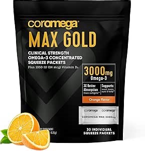 Coromega - MAX Gold Omega-3 Fish Oil + Vitamin D - 30 Packets - Orange | 3000mg Omega-3 Per Serving, Wild-Caught Fish Oil, 3X Better Absorption Than Softgels, No Fishy Taste, Daily Use