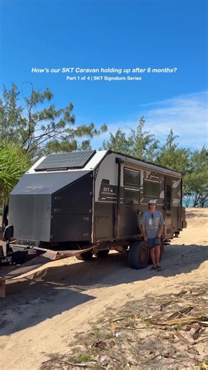 Part 1/4 - Can a caravan go anywhere? We made our SKT Signature Series narrower, shorter and more aerodynamic so we can hit tracks most caravans can’t! 🗺️🍃 Plus, one of the most unique features of our caravan is our custom front toolbox, which we designed from scratch and has been a game changer for storage on the road! Full 6-month review → YouTube (link in bio) . . #SKTSignatureSeries #offroadcaravan #adventureready #urbancaravans #luxurycaravan #caravanlife #offgridcamping | Sarah & Keelan 