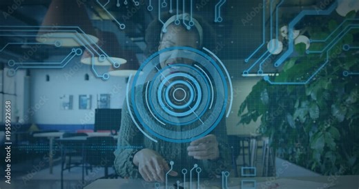 Woman presenting palms, engaging HUD, leaning, picking pen, sketching and smiling for tech design