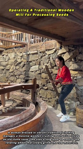 Operating A Traditional Wooden Mill For Processing Seeds