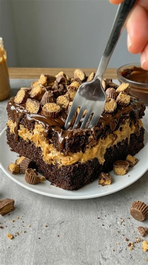 🍫🥜 Reese’s Peanut Butter Earthquake Cake | Gooey, dramatic, and completely over-the-top 🤎 This is one of those desserts that stops people mid-bite. Rich chocolate cake on the bottom, a molten peanut butter center that cracks and swirls as it bakes, and a glossy chocolate top loaded with chopped Reese’s — messy in the best possible way. It’s called an earthquake cake for a reason. As it bakes, everything shifts and settles into layers of fudgy chocolate and creamy peanut butter pockets. No fro