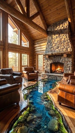 Rustic Cabin Indoor River Floor Design | Stunning Nature Inspired Interior
