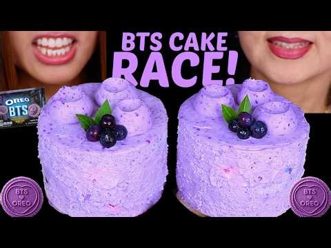 ASMR BIG BTS CREAM CAKE RACE! Loser has to eat fried chicken ice cream burger 먹방